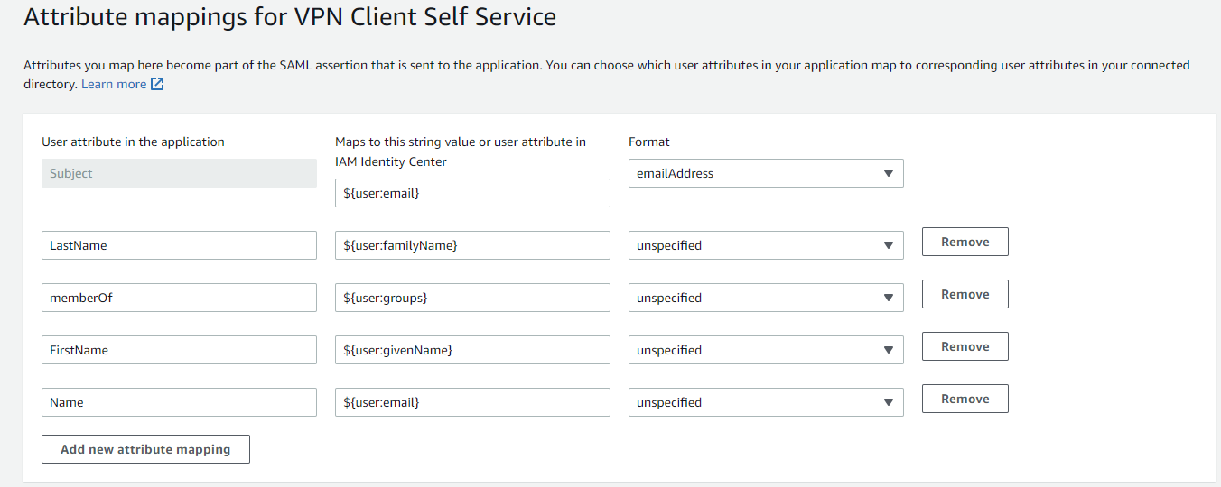 Single Sign on VPN Client Self Service Attributes